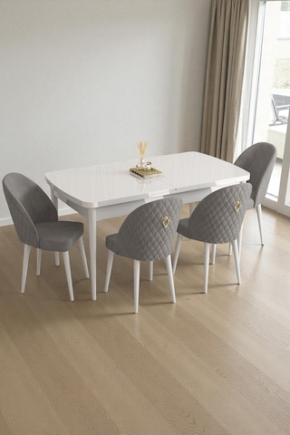Mura Beyaz 80x132 Açılabilir Mdf Masa Yemek Odası Takımı, Mutfak Takımı 4 Adet Sandalye Gri