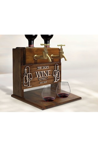 Bk Gift Kişiye Özel Kabartma İsimli Çift Musluklu Doğal Ahşap Şarap Standı, İçki Standı, Doğum Günü Hediyesi, Ev Hediyesi, Erkek Hediye-5