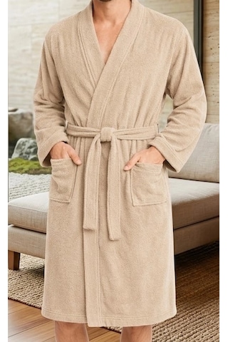 Bicomi Ultra Emici & Cilt Dostu %100 Pamuklu Bej Kimono Bornoz
