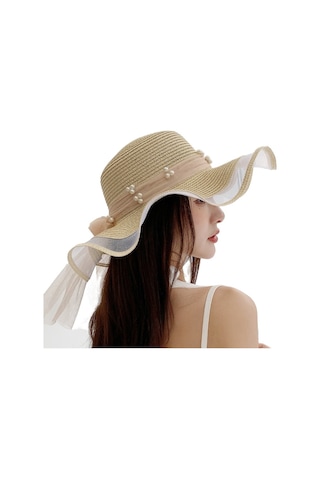 Şık Ve Zarif Bayanlar İçin İnci Detaylı Hasır Örgü Yazlık Güneş Şapkası Bej