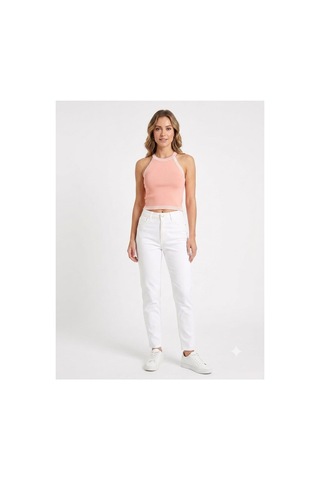 Onno Style Women Kolsuz Askılı Halter Yaka Triko Kadın Bluz Somon