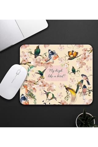 Kuşlu Kupa & Fly High Like A Bird Tasarım Kuş Motifli Mouse Pad 23x19cm Fare Altlığı Kaydırmaz Taba Mousepad