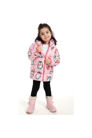 Kız Çocuk İçi Polarlı Kapüşonlu Penguen Şeker Desenli Kışlık Şişme Mont Pembe