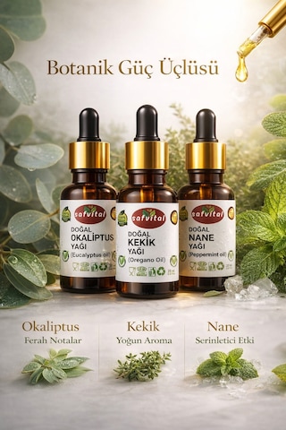 Safvital Okaliptus Yağı Kekik Yağı Nane Yağı Seti 3x20 Ml Aromaterapi Cilt Saç Bakım Çok Amaçlı Kullanım 60 ML