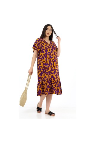 Schık Kadın Viskon Yarım Kol V Yaka Cepli Fırfırlı Elbise Mor Mor