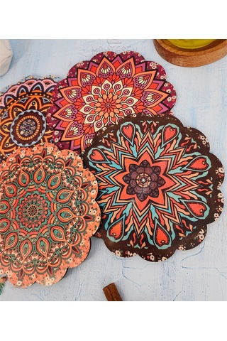 Renkli Desenli Nihale Ahşap Çaydanlık Tencere Tava Altlığ 4lü Set