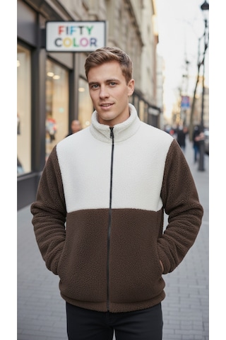 Premium Kalite Renk Bloklu, Fermuarlı, Dik Yaka, Sherpa, Polar, Peluş Ceket Kahverengi - Beyaz