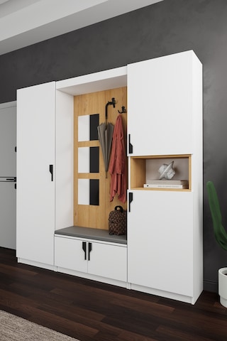 Lüks Aynalı Portmanto Askılı Vestiyer %100 Mdf Çok Raflı Ayakkabılık V04 Beyaz - Karına