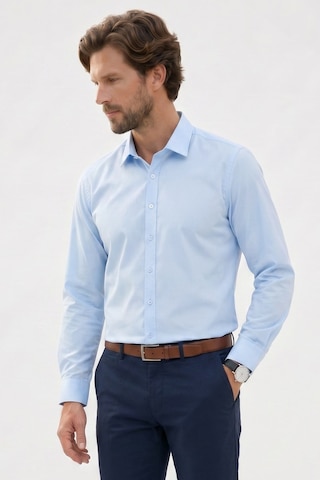 Tudors Erkek Modern Slim Fit Uzun Kollu %100 Pamuk Premium Seri Saten Mavi Gömlek-49937