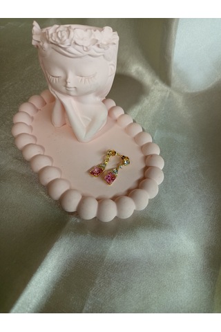 Pembe Taşlı Bronz Küpe