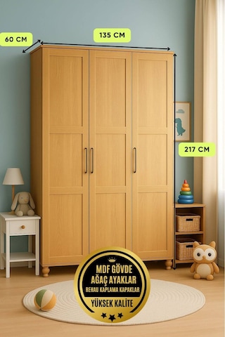 Alin Wood 3 Kapaklı Dolap %100 Mdf Rehau Kaplama Kapaklar