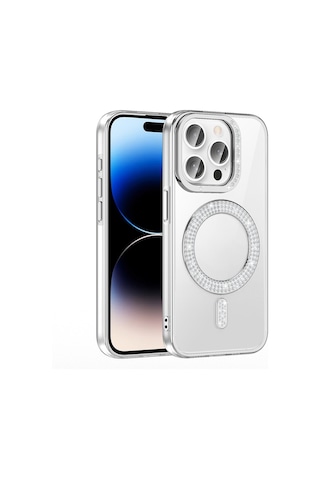 Apple Uyumlu iPhone 14 Pro Max Kılıf Pırlanta Taş Tasarımlı M-safe Şarj Özellikli Zore Karetta Silikon Kapak Rose Gold