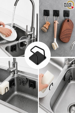 Mainshop Siyah Yapışkanlı Çok Amaçlı Tutucu 6 Lı Set - Bulaşık Süngeri, Mutfak Ve Banyo Askısı M-sng1