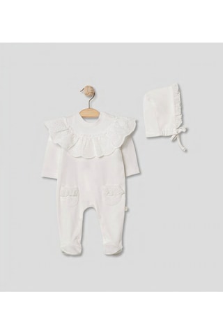 Pugi Baby Dantel Yaka Detaylı Bebek Tulum & Şapka Takımı Ekru