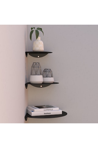 Oval Metal 3'lü Duvar Köşe Rafı Modern Dekoratif Raf Seti Siyah