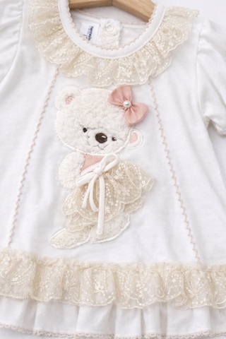 Kardeşler Bebe Dantelli Ayıcıklı Kız Bebek Elbise Takım Saç Bantlı 3 Lü Set Bej