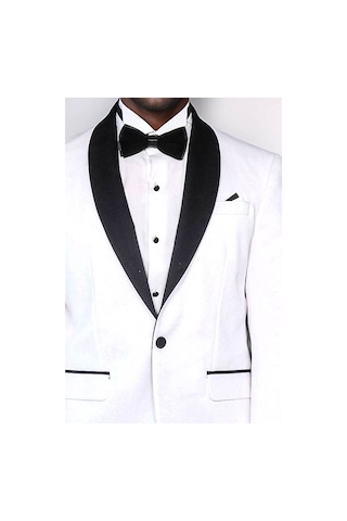 Beyaz Şal Yaka Simli Slim Fit Smokin Ceket - Wessi White