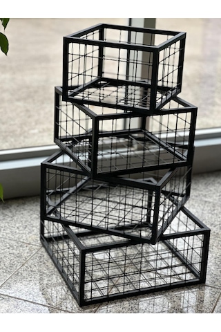 Metal Tel Kasa Sepet - 4'lü Set - Dekoratif, Taşınabilir Ürün Kasası, Sele Sepet 30-35-40-45 Cm H:20 Cm Siyah