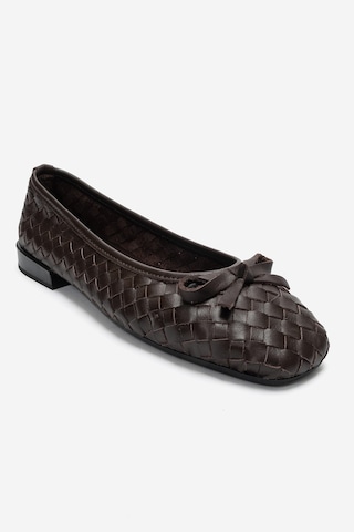 Luvi Shoes Garen Kahverengi Örgü Hakiki Deri Fiyonklu Kadın Babet Ayakkabı