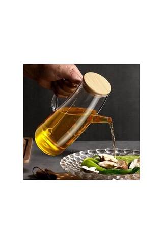 Bambu Kapaklı Borosilikat Cam Yağlık & Sirkelik 1 Litre Kapasite Açık Beyaz