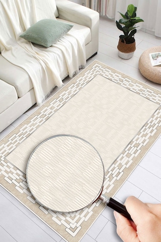 Çerçeveli Modern Kaymaz Taban Makinede Yıkanabilir Halı Oturma Odası Salon Halı Koridor Halı Krem