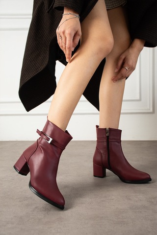 Dabab Shoes Astraya Kadın Bordo Tokalı Topuklu Kısa Konç Şık Kışlık Bot Bootie