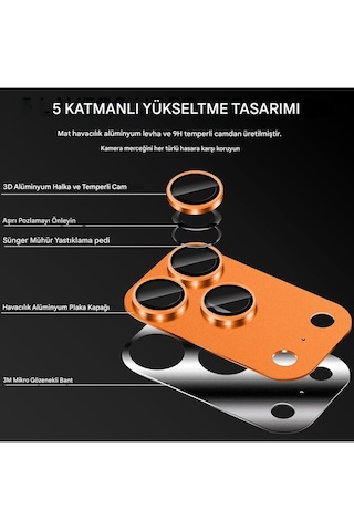 Apple Uyumlu iPhone 17 Pro Tek Parça Tam Kapatan Metal Temperli Kamera Lens Koruyucu Turuncu