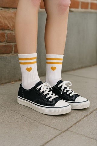 Kadın 5 Çift Premium Kalite Çizgili Kalp İşlemeli Tenis Soket ASORTİ