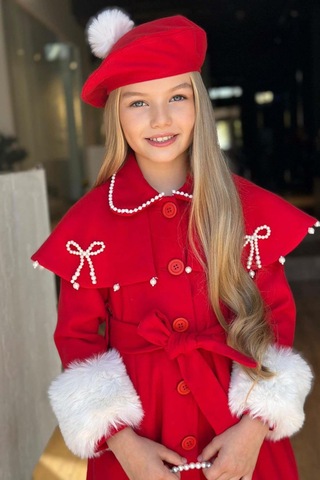 Riccotarz Kız Çocuk Boydan Yakası İnci Taş İşlemeli Şal Detaylı Kemerli Kırmızı Kaşe Kırmızı