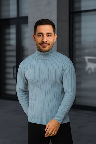 Erkek Fitilli Triko Kazak 2'li Set Bebek Mavisi Siyah Regular Balıkcı Yaka Tam Boğazlı Triko Seti Mo Bebek Mavisi - Siyah