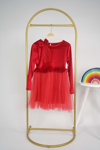 Kız Çocuk Yılbaşı Temalı Eteği Tül Astarlı Tokalı Kadife Uzun Kol Elbise Kırmızı