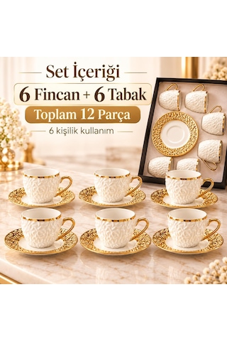 Valkyrie Şehrazat Serisi 6 Kişilik 12 Parça Kahve Fincan Takımı Kabartmalı Desenli, Altın Detaylı Beyaz Altın