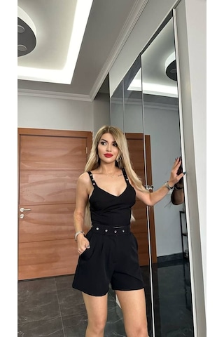 Askılı Crop Şort Takım Taşlı Kemerli Siyah Siyah