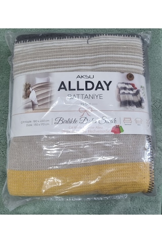 Aksu Allday Çift Kişilik, Pamuklu Battaniye Tv Battaniye 2'li Set 180 X 220 // 130 X 170cm Sarı - Gri - Camel