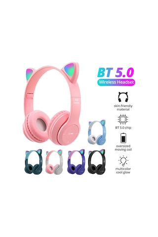 Bluetooth Kulaklık P47 Kedili Kulaklık Cat Rgb Led Işıklı Çocuk Kulaklık Bt 5.0 Kulaküstü