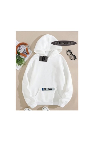 Tarzsokak Kapşonlu Sweatshirt Beyaz 60 Tokat Özel Tasarım Plaka Detaylı