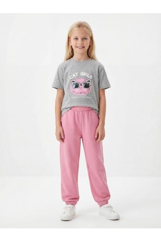 Zekids Kız Çocuk Cat Girls Baskılı T-shirt-17186 Gri