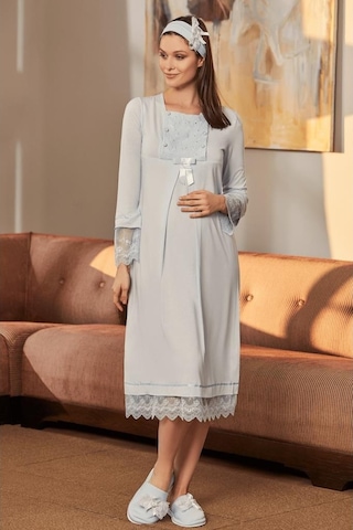 Mecit Pijama Mecit 5209 Mavi Dantel Kol Detaylı Hamile Lohusa Gecelik