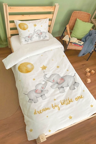 Organik Tek Kişilik Nevresim Takımı 160x220 - Hayalperest Fil Renkli