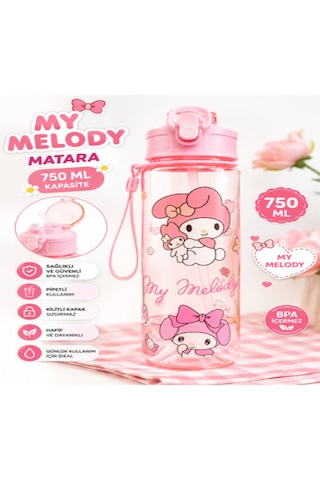 Fenomen My Melody Pipetli Matara 750 Ml Büyük Boy Askı Aparatlı Çantanın En Şirin Eşyası My Melody pembe