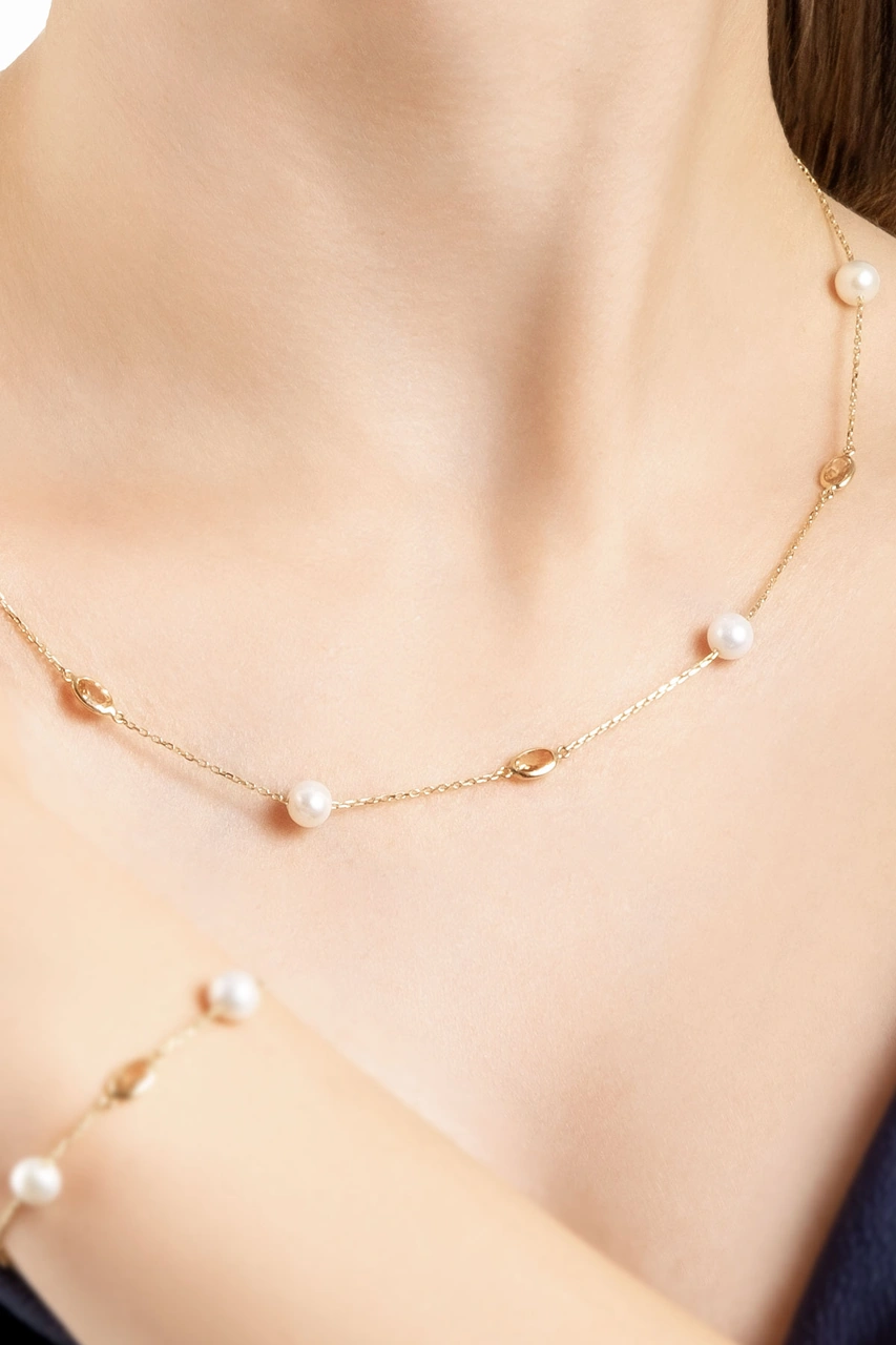 Doğal İnci Işıltısı 14 Ayar 45 Cm Sarı Altın Kolye Krem