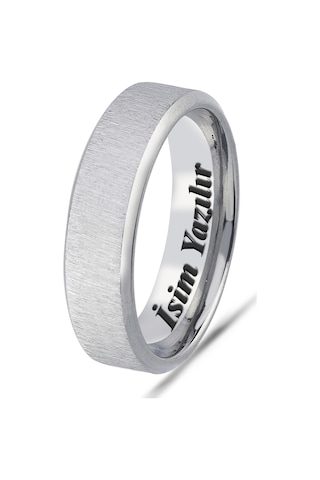 Takı Dükkanı Kişiye Özel İsim Yazılı Köşeli 6mm Mat Fırçalanmış Düz Unisex Çelik Yüzük Alyans Cl47y Beyaz