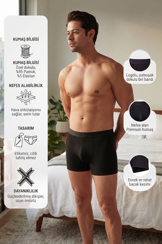 Cnt Erkek Likralı 6'lı Siyah Renk Boxer Premium Paket Trendybee Siyah Siyah