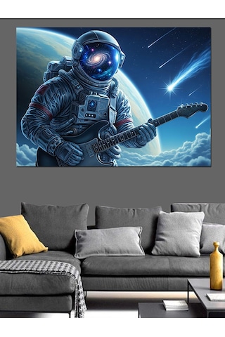 Ahşap Tablo Gitar Çalan Uzayda Bir Astronot Hayvan Tabloları