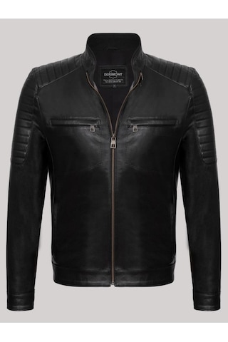 Hakiki Kuzu Derisi Siyah Erkek Deri Mont Omuz Kol Işlemeli Slim Fit Deri Ceket Siyah