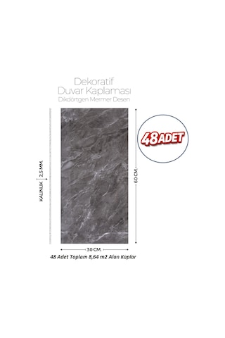 30x60 Cm Kendinden Yapışkanlı Duvar,banyo,tezgah Arası Antrasit Mermer Desen -48 Adet 8807-48