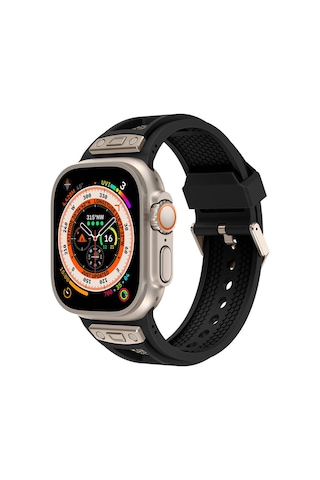 Apple Watch Ultra 49mm Uyumlu Krd-117 Hava Alabilen Delikli Metal Süslemeli Desenli Silikon Kordon - T