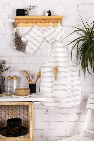 Morlay İnce Çizgili Mutfak Önlüğü Fırın Eldiveni ve Tutacak Takımı Mutfak Çeyiz Seti 4'lü Beyaz - Gri