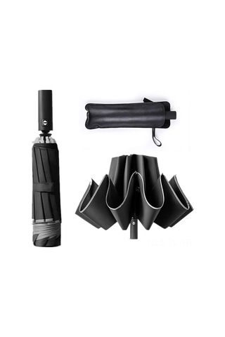 Skycity Otomatik Ters Çıkan 3 Katlı Şemsiye - Rüzgar Dayanıklı, Güneş Engellli, Reflektör Çizgili, Su Geçirmez Siyah 12t 210 Diğer