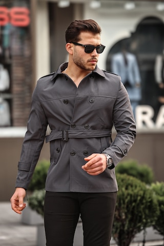 Mero Life Erkek Gri Mevsimlik Astarlı Kemerli Kruvaze Trençkot Gri